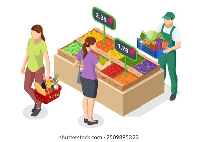 Online sale of vegetables and fruits. Isometric Farmer sells fresh Fruts and vegetables. Natural fresh products. Sellers and marketing concept. Farmer market.