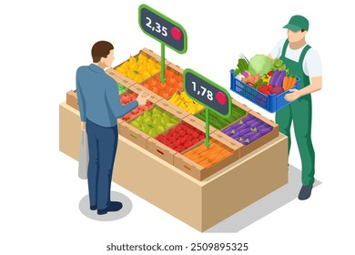 Online sale of vegetables and fruits. Isometric Farmer sells fresh Fruts and vegetables. Natural fresh products. Sellers and marketing concept. Farmer market.