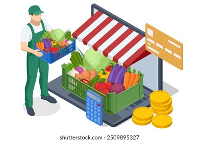 Online sale of vegetables and fruits. Isometric Farmer sells fresh Fruts and vegetables. Natural fresh products. Sellers and marketing concept. Farmer market.