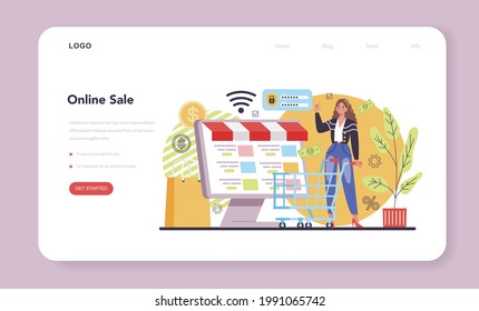 Online sale web banner or landing page. E-commerce development. Sales promotion and stimulation for comercial profit. Flat vector illustration