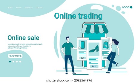 Online sale.People order and make purchases using the app on their mobile phone.An illustration in the style of a green landing page.