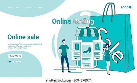 Online sale.People order and make purchases using the app on their mobile phone.An illustration in the style of a green landing page.