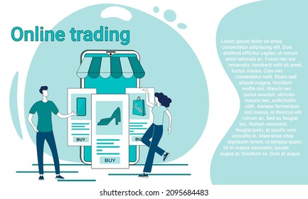 Online sale.People order and make purchases using the app on their mobile phone.An illustration in the style of a green landing page.