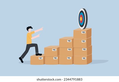 Online sales goal, aiming to increase number of orders from customers, ecommerce business planning concept, Male merchant aiming to reach target on top of shipping boxes stack.