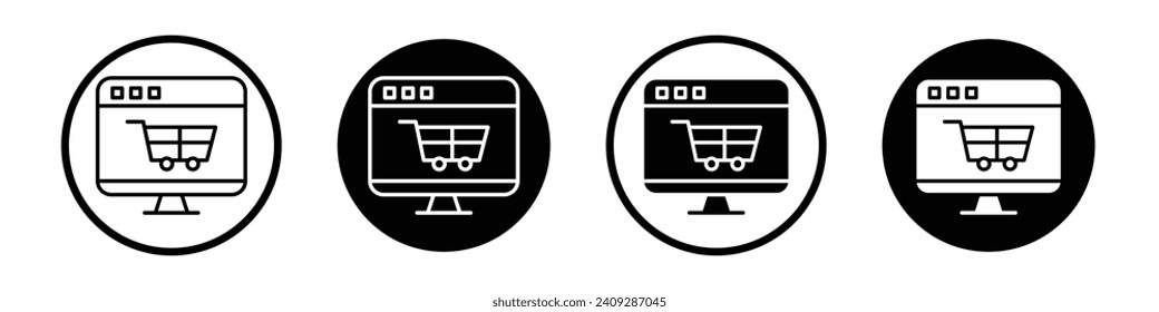 Juego de iconos de ventas en línea. Símbolo vectorial de comercio de Internet y tienda minorista en un estilo negro relleno y delineado. Comercio digital y signo de compra.