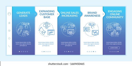 Online sales increase onboarding vector template. Lead generation and visitors attraction. Responsive mobile website with icons. Webpage walkthrough step screens. RGB color concept
