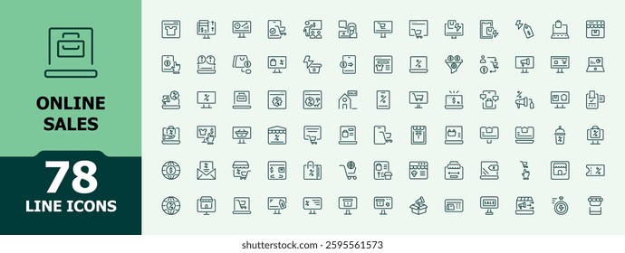 Online Sales line icons. Included marketing, commerce, bar, pay, ad, market and more. Set of line pictogram. E-Commerce line icons. Minimal linear icon.