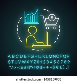 Online sales neon light icon. Digital marketing. Shopping, trading. Merchandise, retail, e-commerce. Salesman, marketer. Glowing sign with alphabet, numbers and symbols. Vector isolated illustration