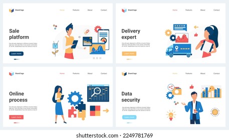 Online sales on financial platforms, expert service, delivery and data security set vector illustration. Cartoon tiny people deliver goods, work on chart analysis, puzzle solutions for profit growth
