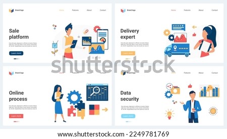 Online sales on financial platforms, expert service, delivery and data security set vector illustration. Cartoon tiny people deliver goods, work on chart analysis, puzzle solutions for profit growth