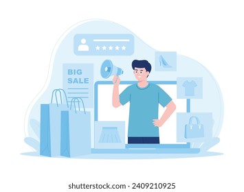 online sales promotion in the market via laptop trending concept flat illustration