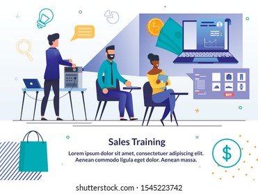 Online Sales In Retail Business Training, Classes Or Seminar Trendy Flat Vector Advertising Banner, Promo Poster Template With Lecturer, Sales Expert, Couch Showing Slides To Audience Illustration