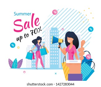 Online Sales Service on Mobile Advertisement. Summer Sales up to 70 Percent Offer. Flat Woman Stands with Shopping Bags on Cityscape. Girl on Phone Screen Announces Discount. Vector Illustration
