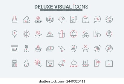 Online sales in shop and delivery line icons set. Discount offer and coupons to buy gifts, payment and tracking with smartphone, wallet thin black and red outline symbols, vector illustration