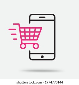 Online Sales And Shopping Outline Icon With Shadow Isolated On Gray Background. Eshop Purchase Symbol Template. Buy With Smartphone Sign