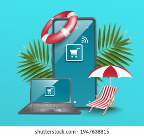 Online sales templates via smartphone and computer app,Summer vacation online sales promotion template,vector summer holiday sale concept,shopping summer concept