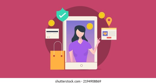 Ventas en línea a través de dispositivos móviles, Mujer usando aplicación de ecommerce móvil, compra, venta, realizar pagos con aplicación móvil - diseño plano ilustración vectorial fondo