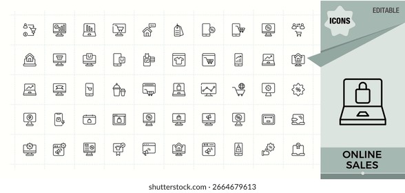 Online-Verkaufs-Vektorzeilen-Symbolsatz. Minimalistischer bearbeitbarer Vektorstrich. Symbolsatz für Absatzzeile. Enthalten linearen Schild Shop, Verkauf, Markt, Service, Marketing, Promotion und mehr.