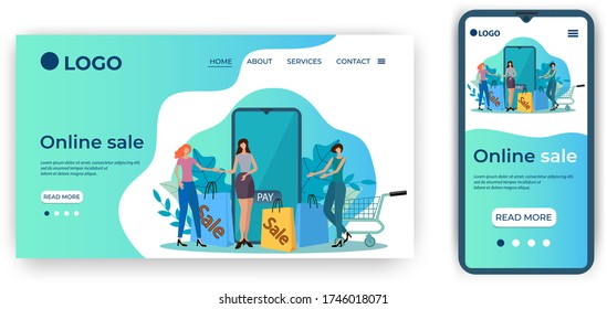 Venta en línea.Plantilla para la interfaz de usuario de la página principal del sitio web.Plantilla de página de inicio.Diseño adaptable de la ilustración smartphone.vector.