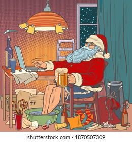 Online Santa Claus at home on self-isolation. Christmas in quarantine. Pop art retro illustration 50s 60s vintage kitsch style
