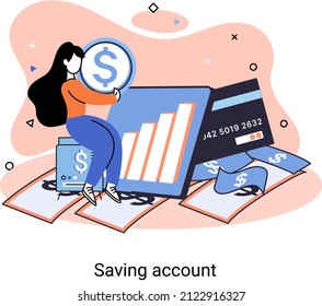 Online saving account concept. Woman holding dollar. Bank account, accumulation of funds, wealth. Receiving interest from keeping money, safe future. Banking services, internet payment, sending money