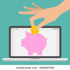 Online Savings Account Concept. Hand Putting Coin In A Piggy Bank On A Laptop Screen