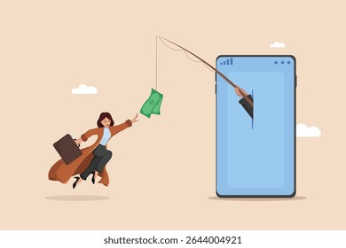 Conceito de fraude on-line: Empresária sendo atraída pelo dinheiro em um gancho de phishing emergindo de um telefone celular, ilustrando engano digital.