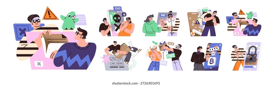 Online scam concept set. Crime in Internet- theft of personal data and money from bank account, fraud, phishing. Hackers steal finances and hack passwords. Flat isolated vector illustrations on white