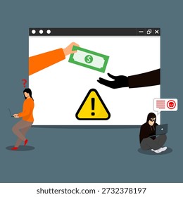 Concepto de estafa en línea que muestra la transferencia de dinero digital a un hacker, una señal de advertencia y un usuario confundido, que representa el fraude cibernético, los ataques de phishing, el robo financiero y el riesgo de seguridad en Internet