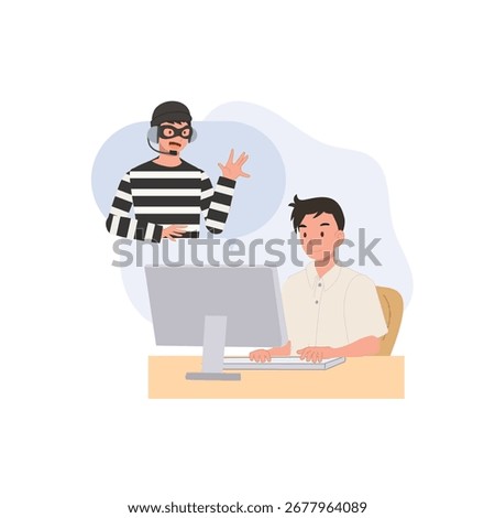 online scam deception with student boy at computer showing criminal fraud call center trick and youth internet danger awareness
