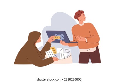 Estafa en línea, fraude, concepto de cibercrimen. Hacker, estafador atacando datos personales, robando información confidencial y acceso, contraseña a cuenta. Ilustración vectorial plana aislada en fondo blanco