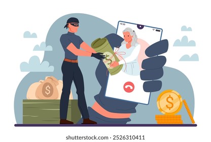 Estafa y fraude en línea, robo de la Cuenta bancaria de una mujer mayor. El ladrón masculino en la máscara que roba el dinero de la abuela triste en la pantalla del smartphone, el estafador llama Ilustración vectorial de dibujos animados de la vieja dama