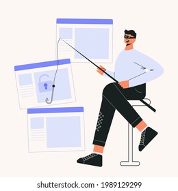 Online scam and hacker fraud concept flat vector illustration. Internet phishing stealing confidential data, personal information, online banking, email and data breach. Anonymous hacker character