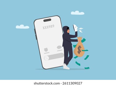 Online Scam and Identity Theft Concept Illustration. Hacker Stealing Money via Mobile App Using Fake Identity