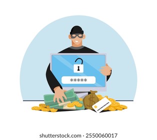 Estafa en línea, fraude de Internet y concepto de delito en línea. Un estafador enmascarado roba dinero de la Cuenta de un usuario de un banco pirateado a través de una computadora. Ilustración vectorial plana.