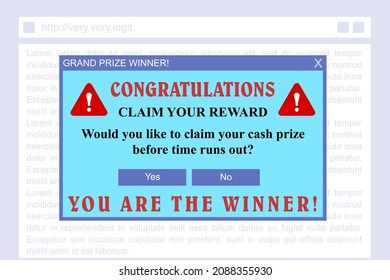 Online scam. Phishing attempt - fake cash prize winner popup banner.