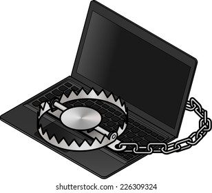 Online scam / trojan / malware / phishing concept. Laptop computer with a bear trap on the keyboard.