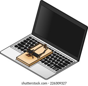 Online scam / trojan / malware / phishing concept. Laptop computer with a mouse trap on the keyboard.