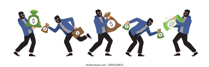 Online scammer concept with character action or thief steals money, personal data and password. Flat vector illustration.