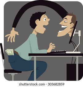 Online Scammer Reaching To Steal Money Out Of A Pocket Of A Naive Internet User, Vector Illustration, EPS 8