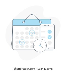 Online Schedule. Business graphics tasks, planning and scheduling operations agenda on a week in the calendar and smartphone, task schedule, to do list. Outline vector on white background.  