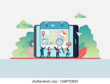 Online schedule in calendar. Peoples are filling a schedule on tablet screen. Flat vector illustration modern character design. For a landing page, banner, flyer, web page.