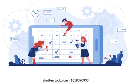 Online schedule. Cartoon business people organizing workflow and marking events in smartphone calendar application. Vector flat isolated time management and planning concept for mobile and web app