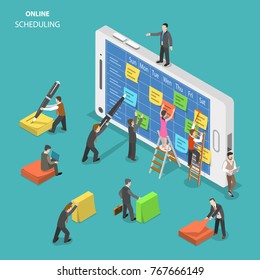 Online Schedule Flat Isometric Vector Concept. People Are Filling A Schedule On Smartphone Screen Using Colorful Stickers And A Pen.