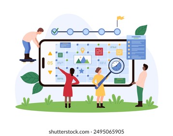 Programación en línea de la organización en el planificador App móvil. Personas pequeñas Plan reuniones y eventos de negocios, tareas de trabajo con enfoque en el tiempo, trabajar con el calendario en la pantalla del teléfono inteligente Ilustración vectorial de dibujos animados