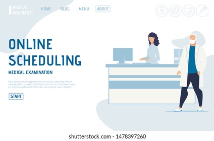 Online Scheduling Service for Appointment on Medical Examination. Flat Landing Page. Nurse Receptionist Checking Schedule on Computer for Male Doctor Standing near Reception Desk. Vector Illustration