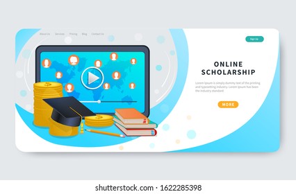 Online scholarship concept for website and landing page template. Tablet, graduation hat on stack of coins and books. Distance education loan, investment in knowledge, study cost or fee. Flat vector 