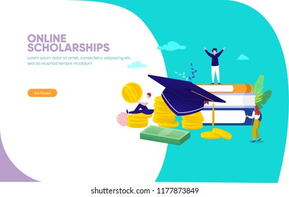 online scholarships concept vector illustration, group of people on stack of money and book, can use for, landing page, template, ui, web, mobile app, poster, banner, flyer