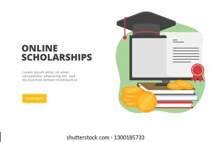 Online Scholarships flat design banner illustration concept for digital marketing and business promotion