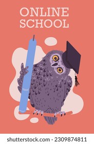 Online school advertising poster with wise owl sitting on branch and holding pen, flat vector illustration. Hand drawn owl banner as symbol of education.